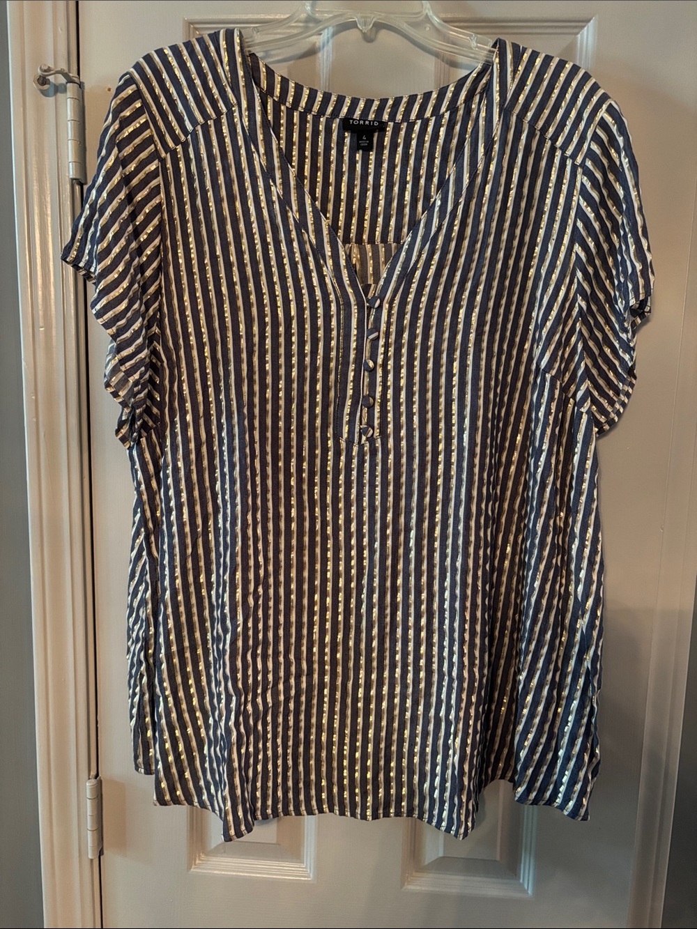 torrid Denim Blue, White & Shining Gold Striped Button-Front Top